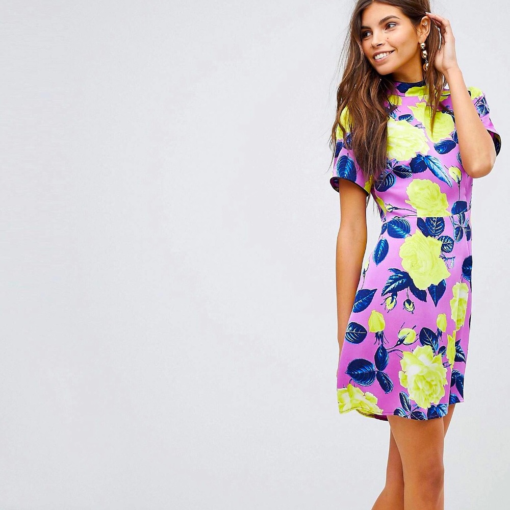 ASOS DESIGN High Neck Bright Floral Mini Dress NWT